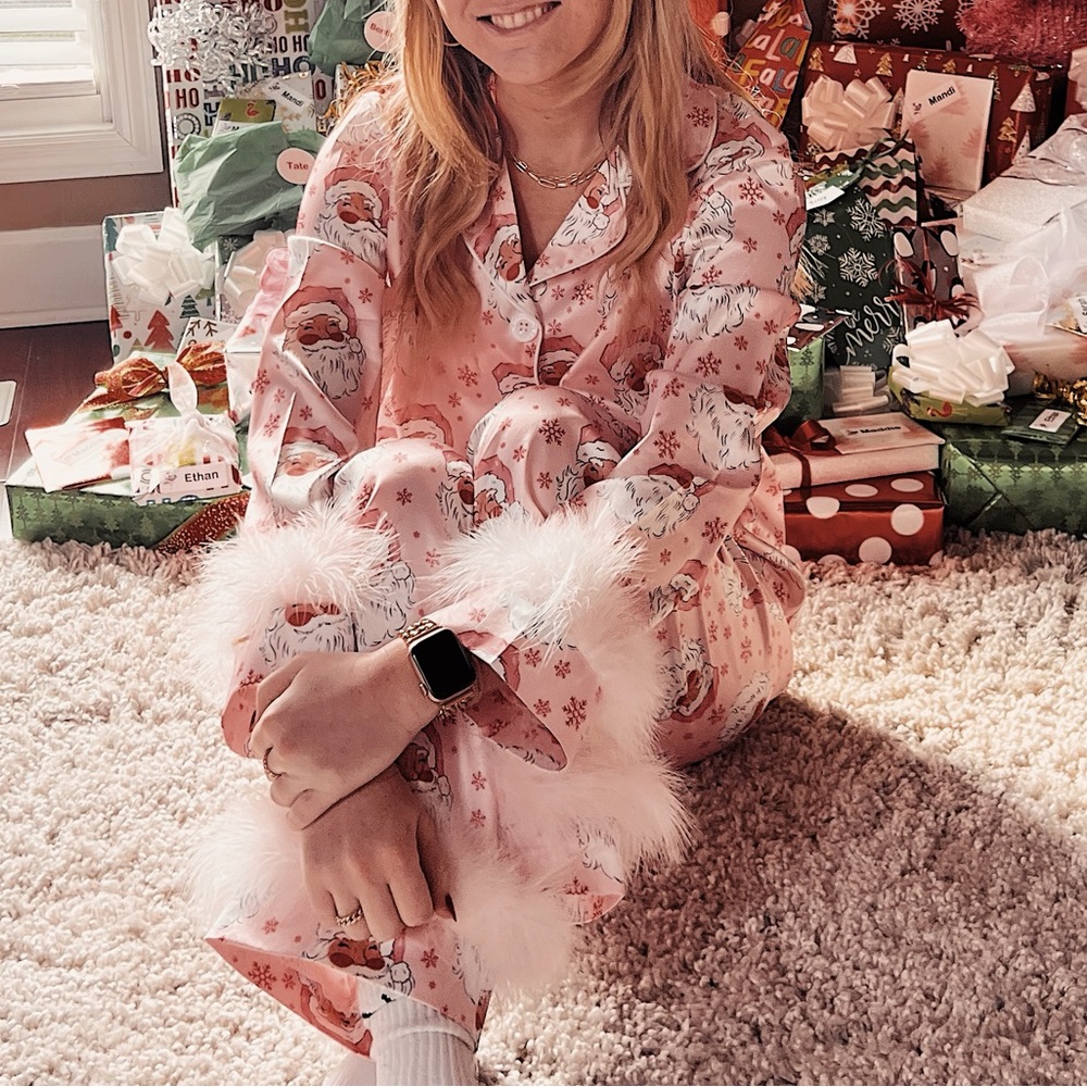 Satin Christmas pajamas with feathers on wrists and ankles